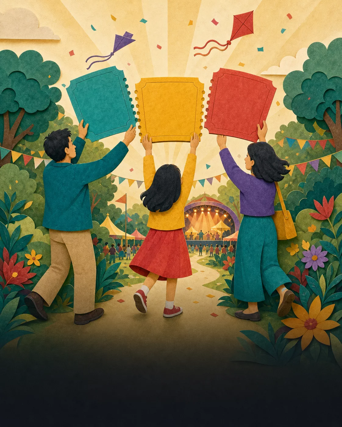 Ilustrație cu o familie care ridică trei bilete și pornește împreună spre scena festivalului.