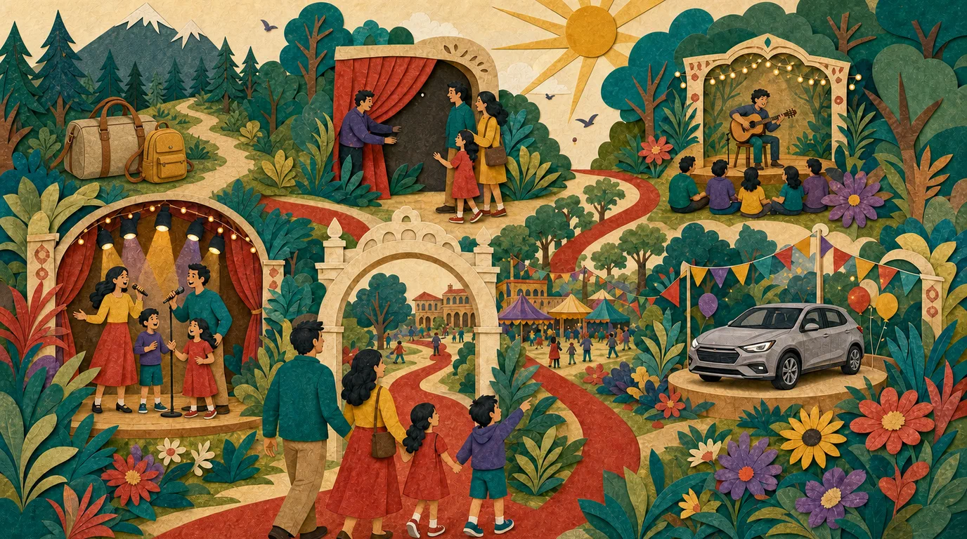 Ilustrație editorială cu o familie care pășește printr-un portal spre cinci experiențe Big Little Festival.