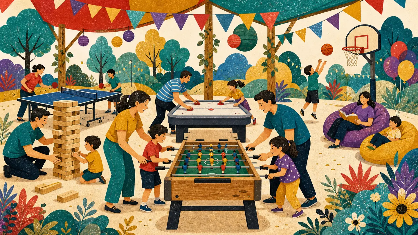 Ilustrație în stil colaj cu părinți și copii jucând ping-pong, air hockey, fotbal de masă, Jenga și baschet în DIGI Play Area.