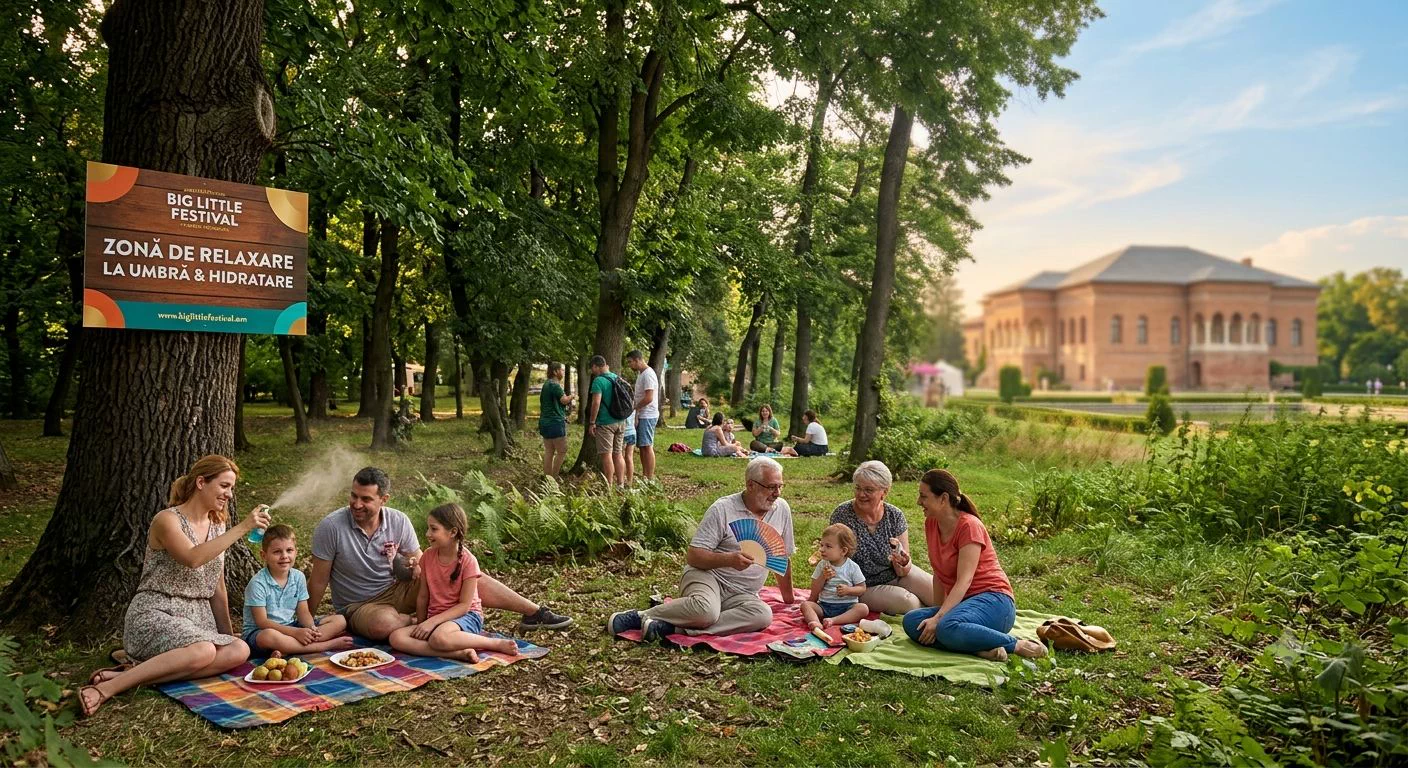 Ilustrație cu familii care se odihnesc la umbră, lângă o zonă de hidratare Big Little Festival, în parcul Palatului Mogoșoaia.
