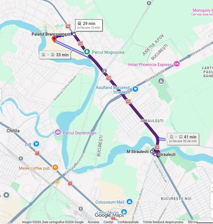 Hartă orientativă a traseului cu autobuzul 436 dintre metrou Străulești și Palatul Mogoșoaia.